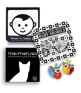 black white baby gift with mobile